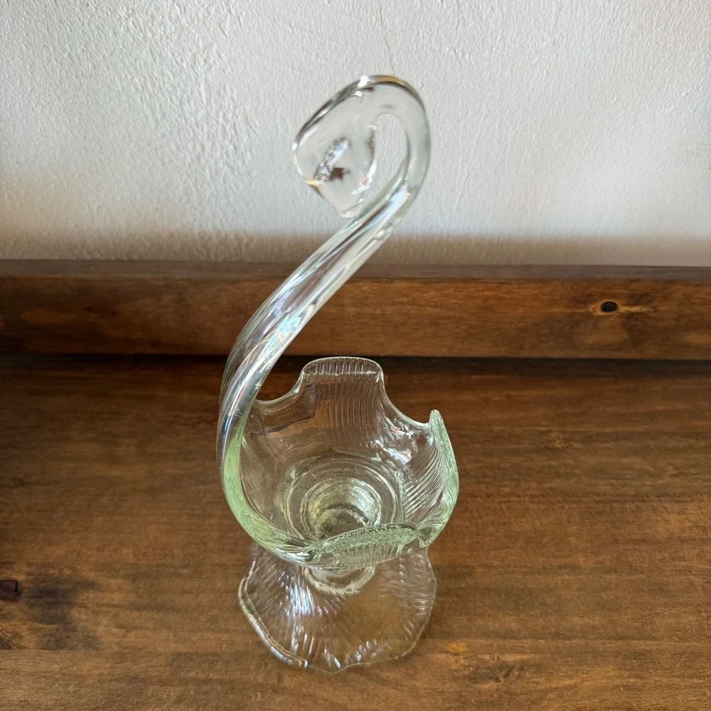 Vintage Hand Blown Art Glass Swan Pedestal Bowl Pale Green Tint Ribbed